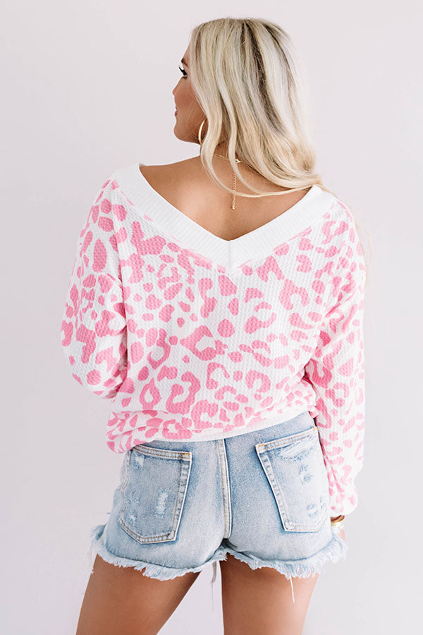 Naturally Sweet Waffle Knit Leopard Top In Pink Image - 5