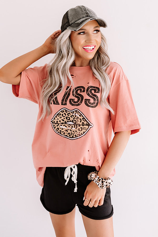 Leopard Kiss Distressed Tee In Dark Peach
