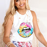 Tie Dye Lips Distressed Boyfriend Tank in White Image - 1