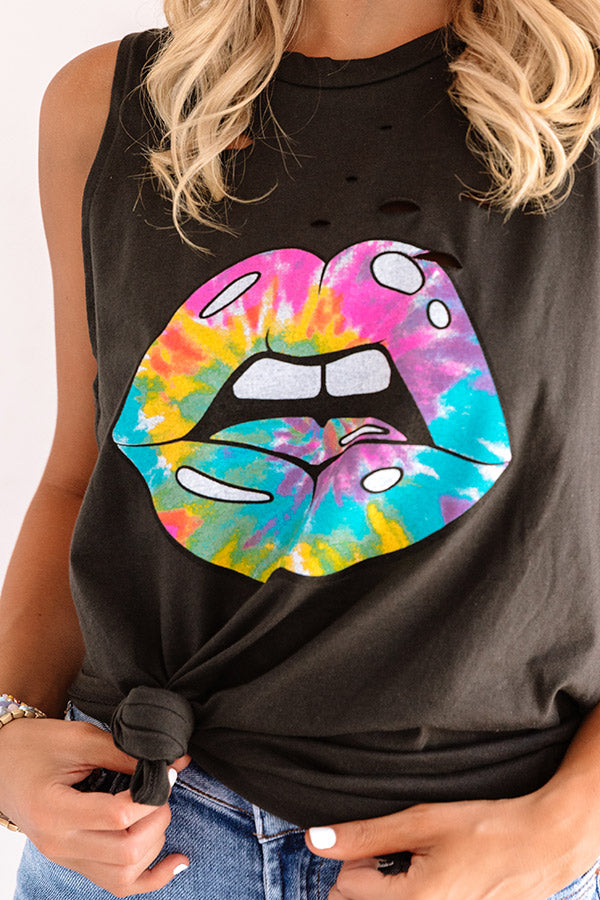 Tie Dye Lips Distressed Boyfriend Tank in Black Image - 5