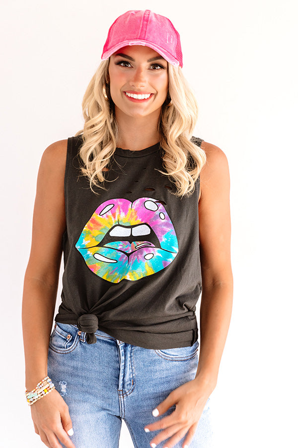 Tie Dye Lips Distressed Boyfriend Tank in Black Image - 3