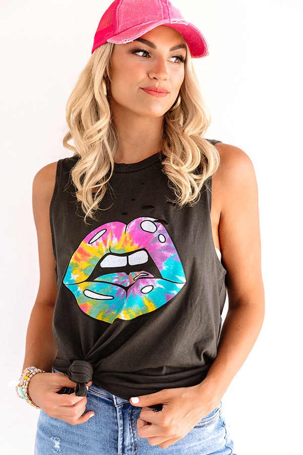 Tie Dye Lips Distressed Boyfriend Tank in Black Image - 4