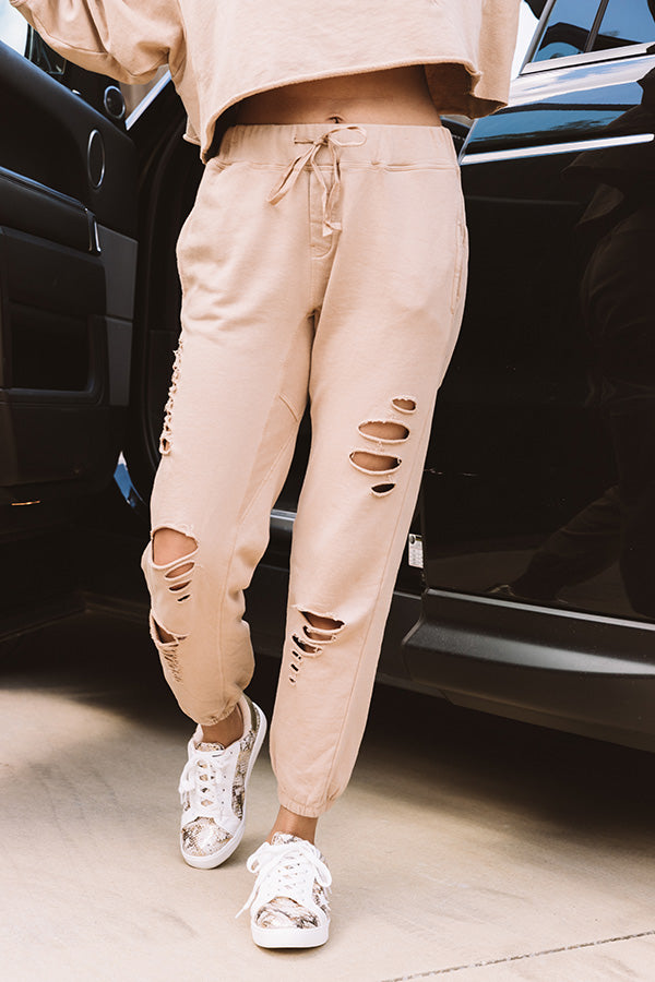 A Little Chilly Distressed Joggers In Khaki