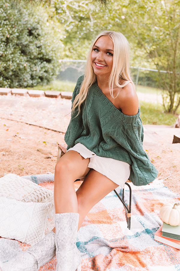 Pumpkin Spice Cable Knit Sweater In Hunter Green Image - 2