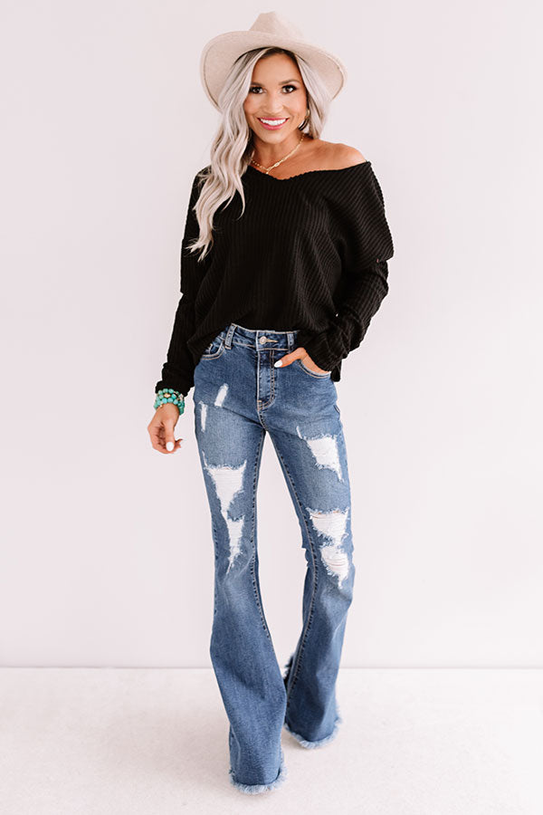 Falls Frills Waffle Knit Top In Black