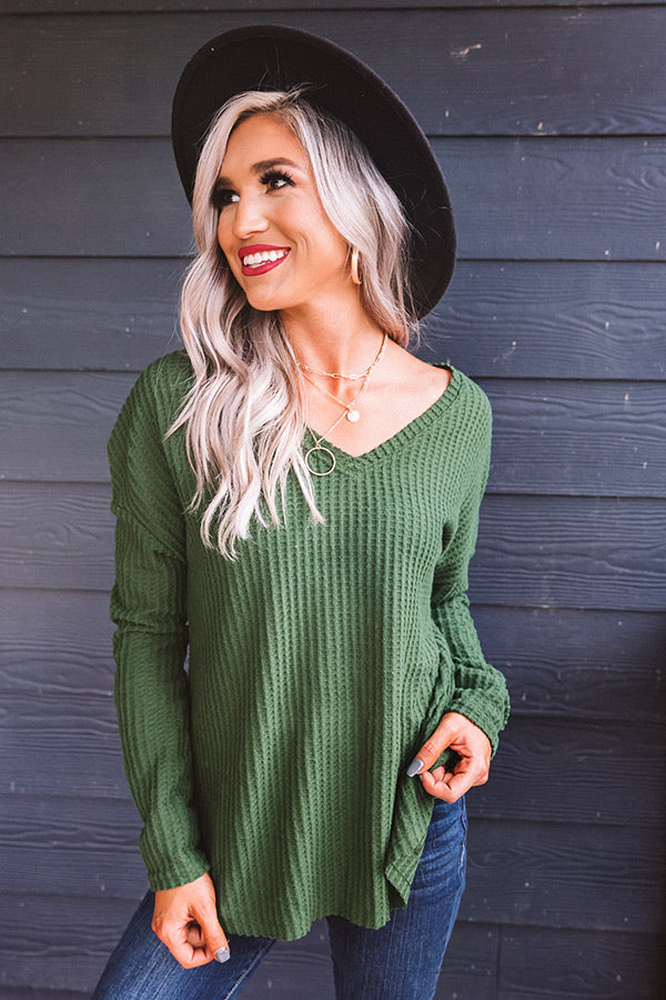 Falls Frills Waffle Knit Top In Hunter Green