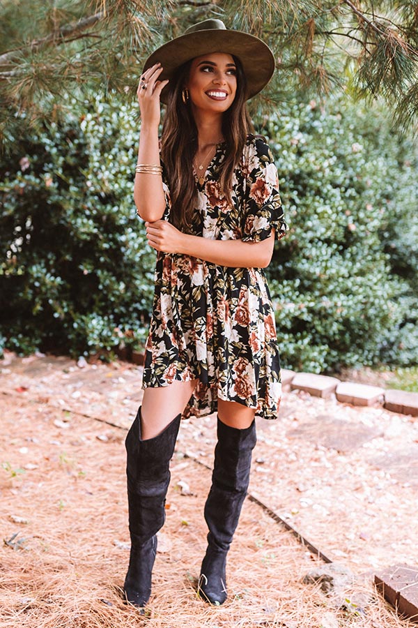 Folk Song Floral Tunic Dress In Black Image - 1