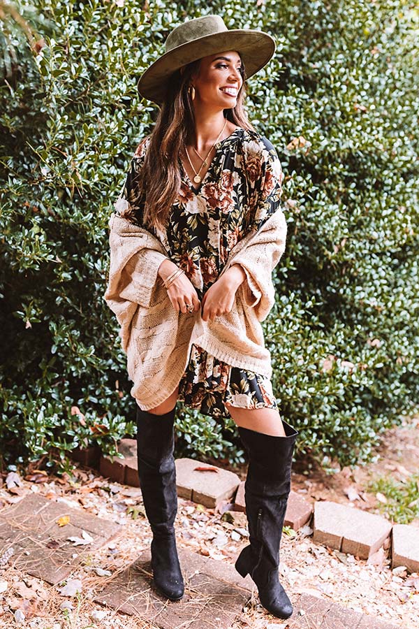 Folk Song Floral Tunic Dress In Black Image - 2