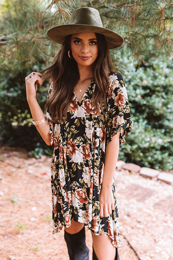 Folk Song Floral Tunic Dress In Black Image - 3