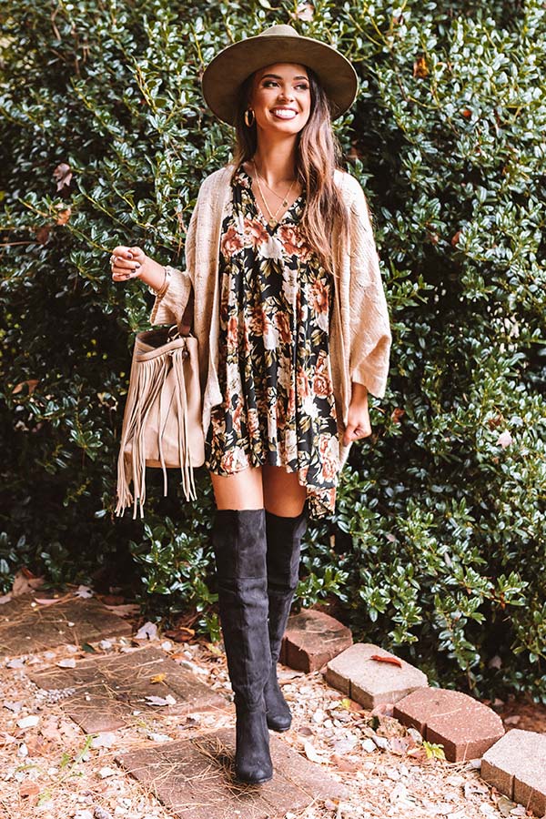 Folk Song Floral Tunic Dress In Black Image - 5