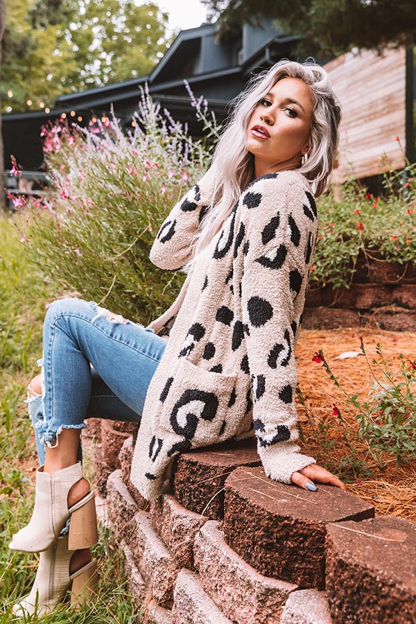 Cozy By The Fireplace Leopard Cardigan In Iced Latte Image - 3