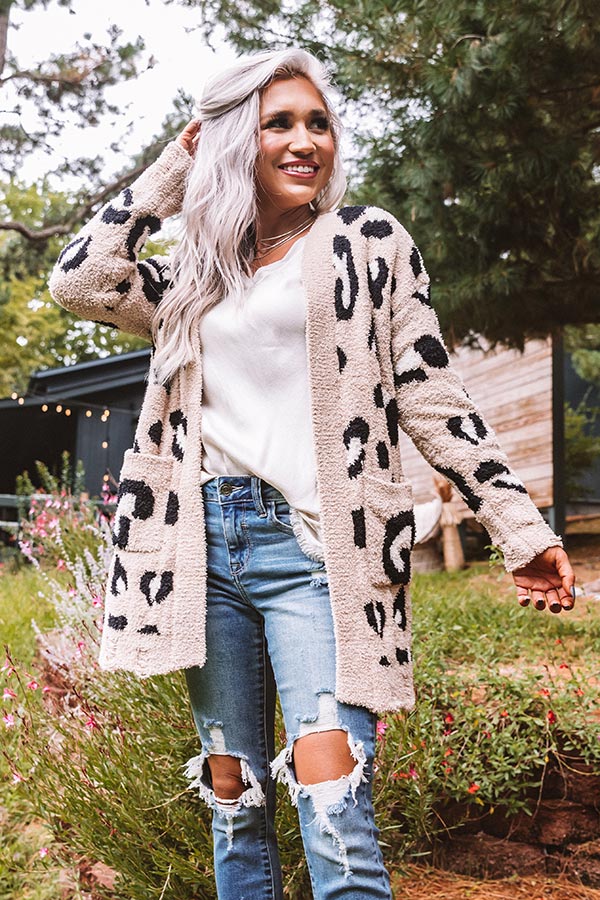 Cozy By The Fireplace Leopard Cardigan In Iced Latte Image - 2