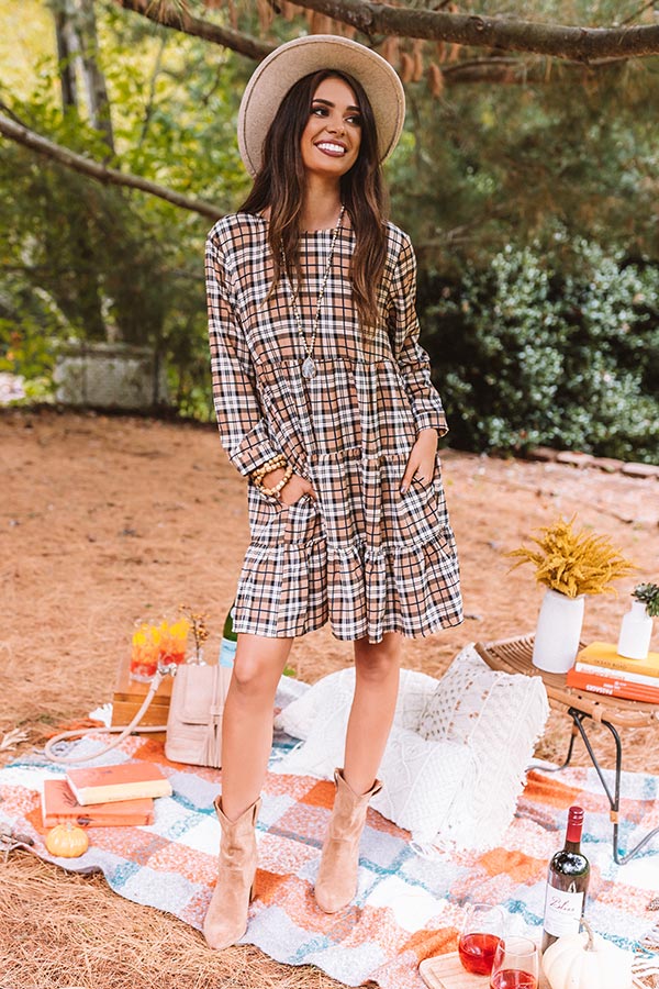 Cinnamon And Spice Plaid Babydoll Dress In Iced Latte Image - 1