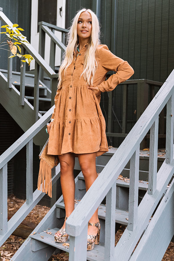 Fall Adventure Babydoll Corduroy Dress In Camel Image - 1