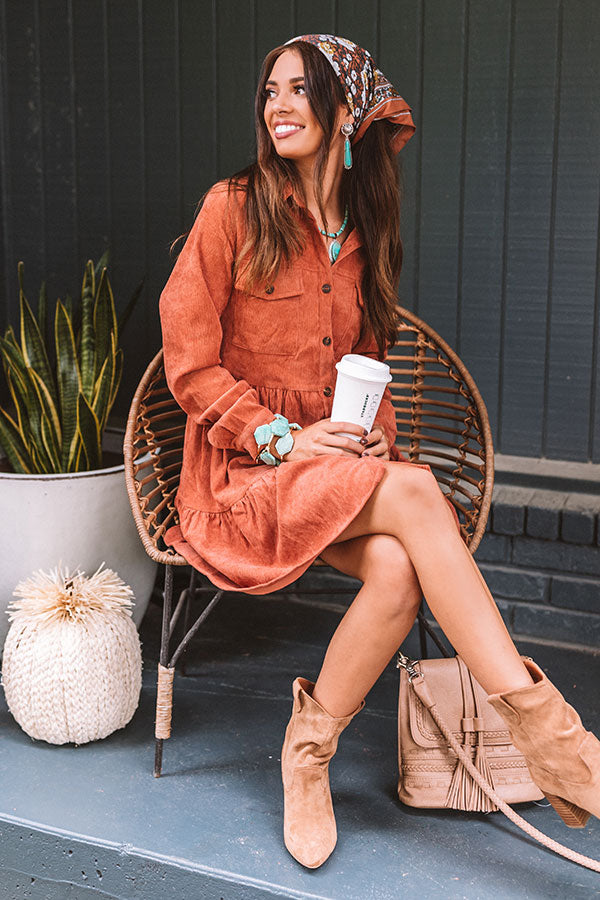 Fall Adventure Babydoll Corduroy Dress In Rust Image - 1