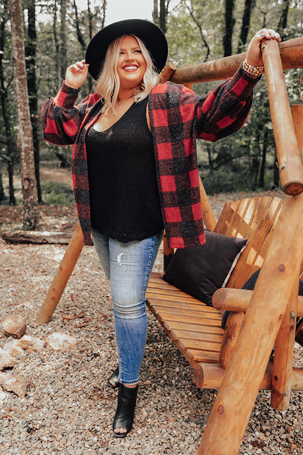 Never Too Toasty Buffalo Check Cardigan In Red Curves Image - 2