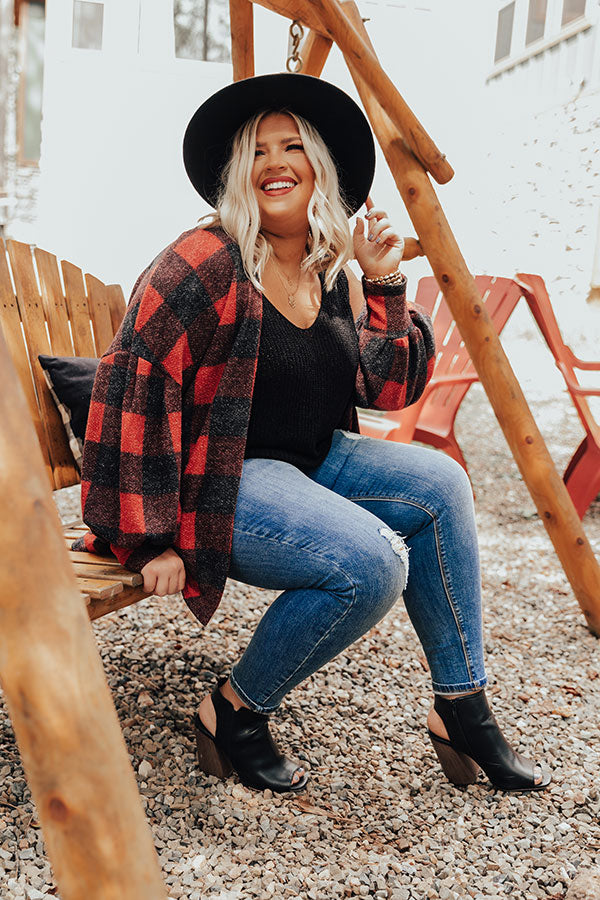 Never Too Toasty Buffalo Check Cardigan In Red Curves Image - 1