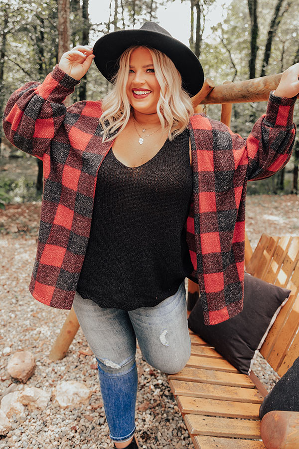 Never Too Toasty Buffalo Check Cardigan In Red Curves Image - 4