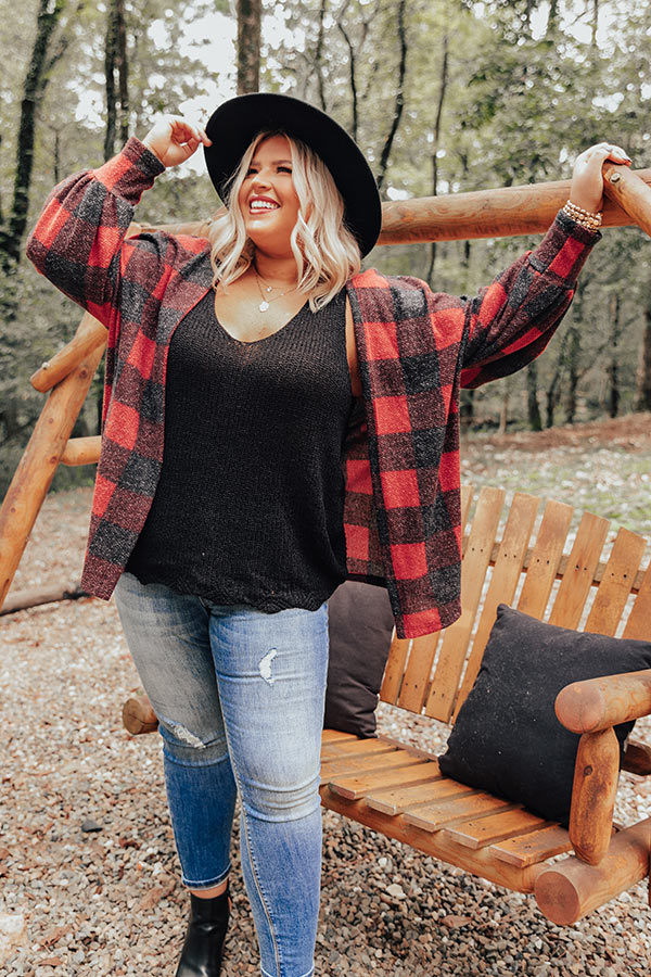 Never Too Toasty Buffalo Check Cardigan In Red Curves Image - 3