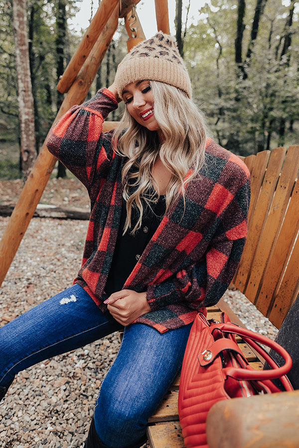 Never Too Toasty Buffalo Check Cardigan In Red Image - 2