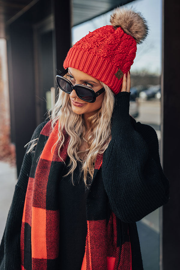 Fall Hike Faux Fur Pom Beanie in Red