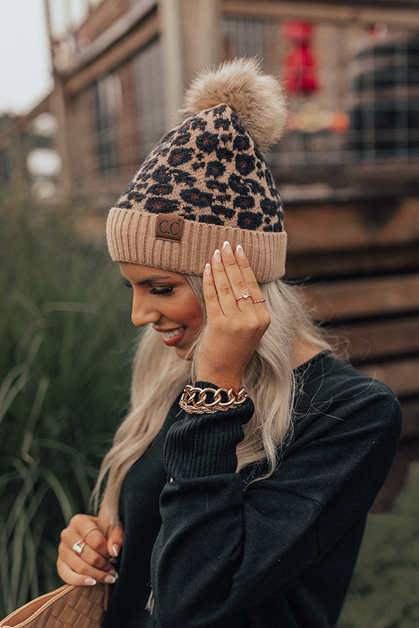 Leopard Love Faux Fur Pom Beanie in Iced Mocha