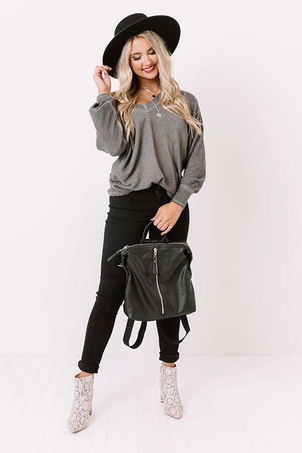 Woodsy Path Waffle Knit Top In Charcoal