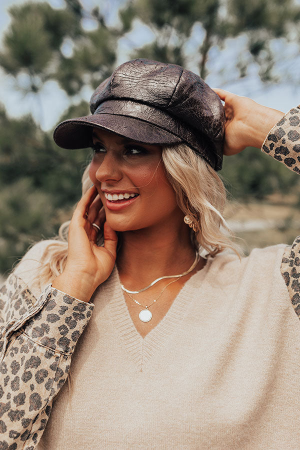 Jazz Club Faux Leather Cabbie Hat In Black