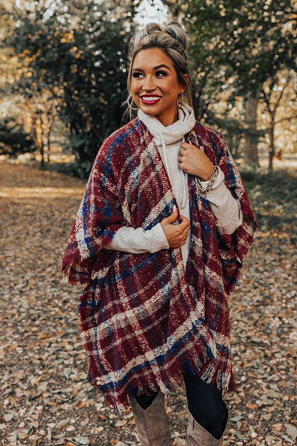 Chic Checklist Plaid Poncho In Aurora Red Image - 1