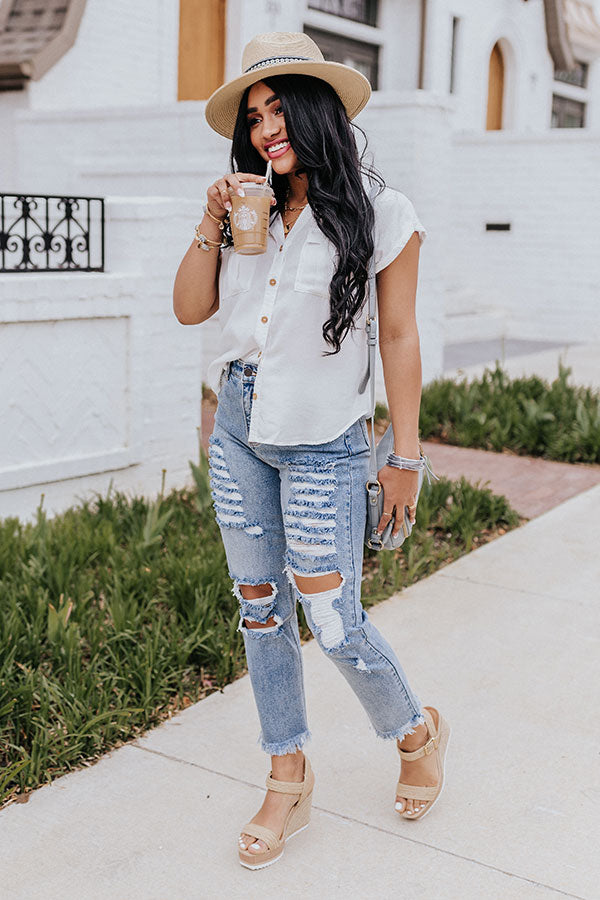 Opportunity Calls Button Up Top In White