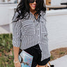 Excellent Point Stripe Button Up Top In Black Image - 1