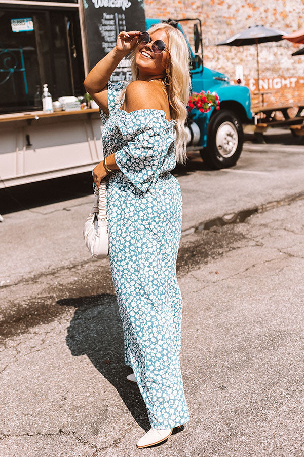 Always Dreaming Smocked Jumpsuit in Teal Curves Image - 4