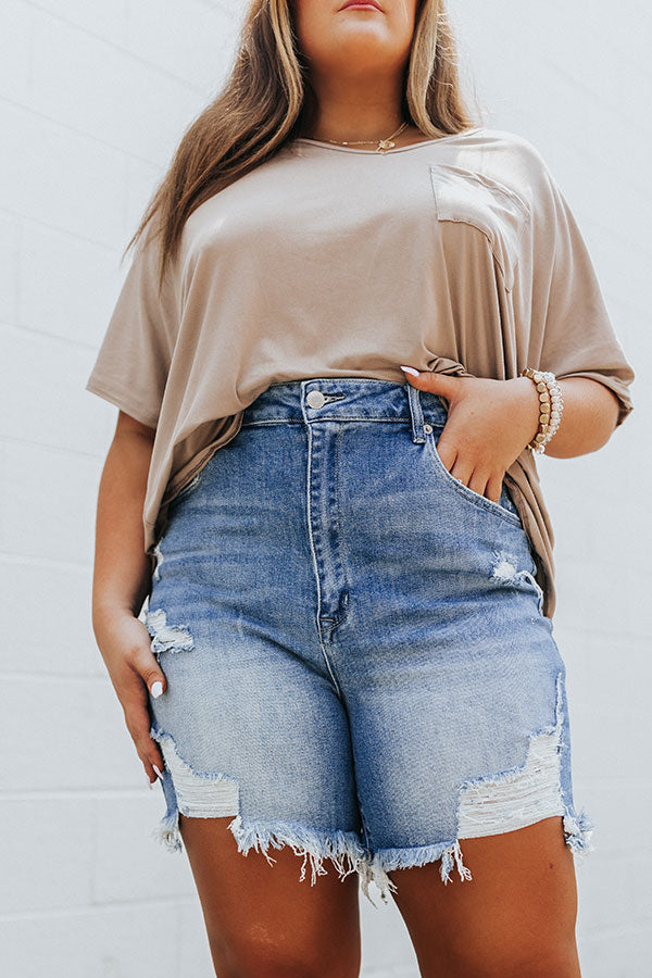 Risen Mel High Waist Distressed Shorts In Medium Wash Curves Image - 5