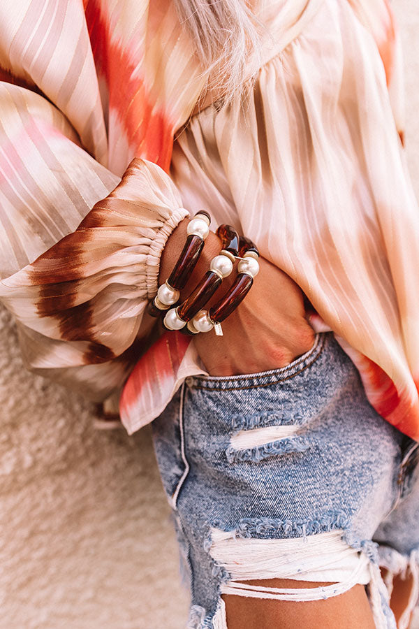 Lelani Resin Color-Block And Glass Pearl Stretch Bracelet in Tortoise Image - 2