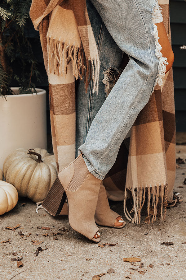 The Olana Faux Suede Peep Toe Bootie In Warm Taupe