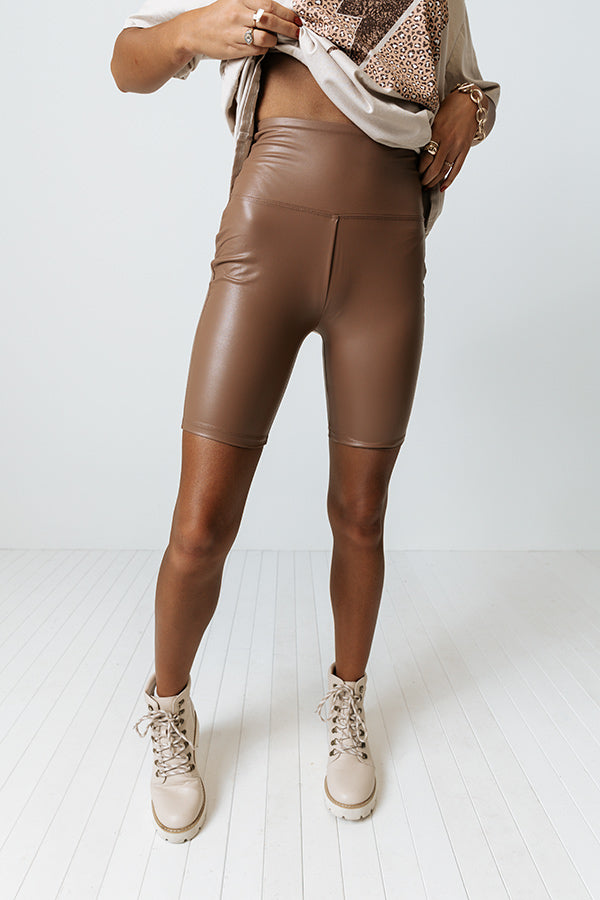 The Tegan Faux Leather Biker Shorts In Mocha Image - 1