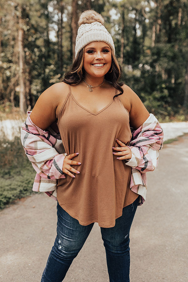 Kisses On The Coast Shift Tank In Camel Curves