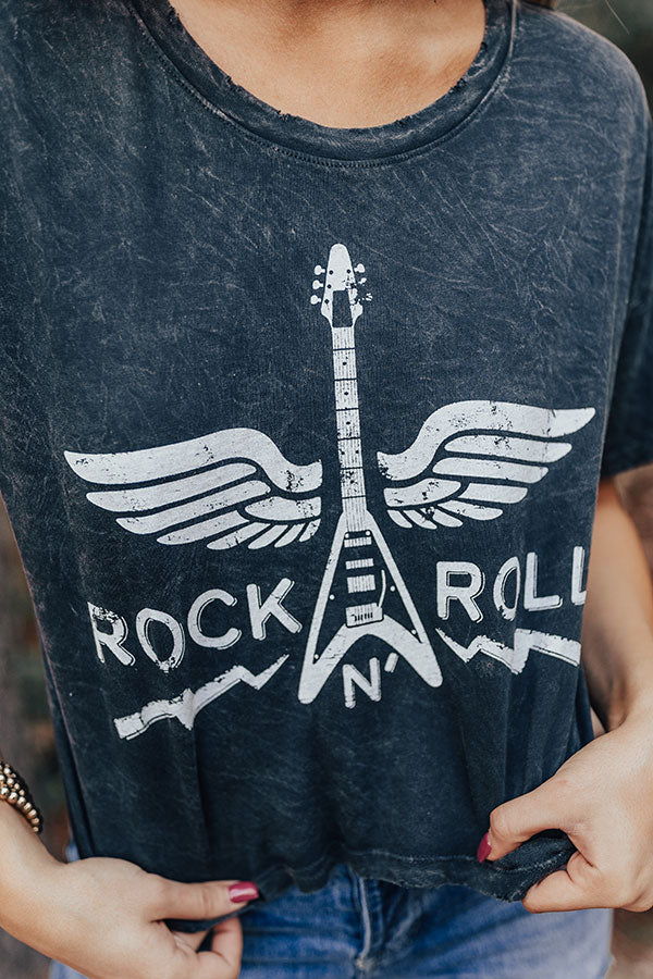 Rock N' Roll Cropped Vintage-Wash Graphic Tee Image - 1