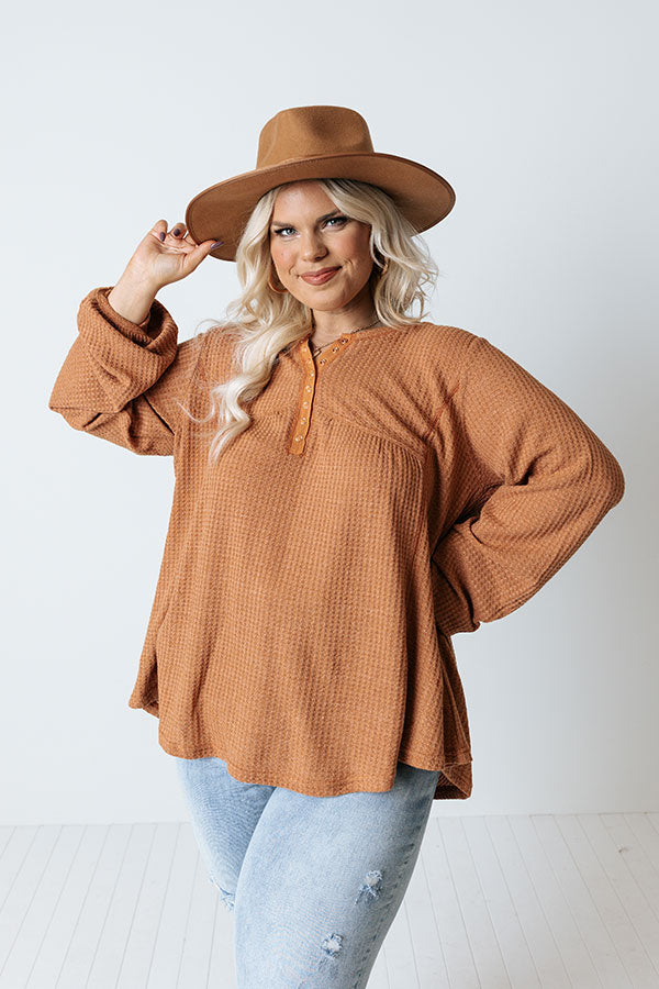 Sweet And Sincere Waffle Knit Top In Rust Curves