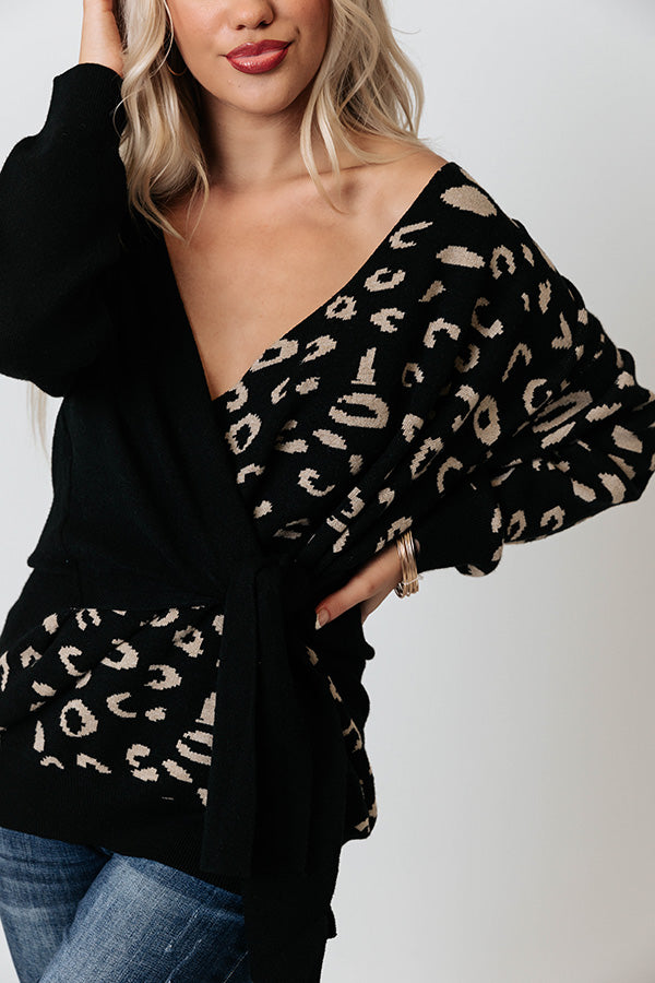 The Chill Down Leopard Wrap Sweater In Black Image - 2