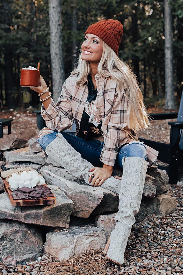 Pumpkin Bonfire Flannel Top In Warm Taupe