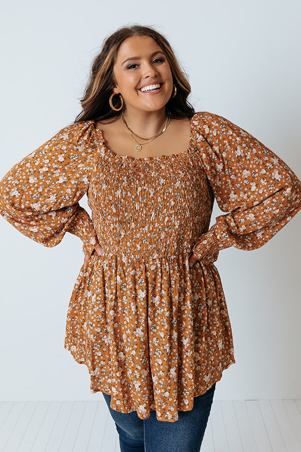 Sweet And Simple Floral Top In Rust Curves Image - 1