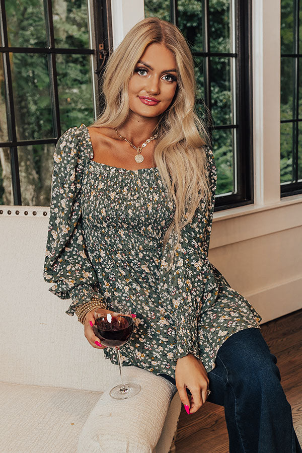 Sweet And Simple Floral Top In Light Hunter Green Image - 1