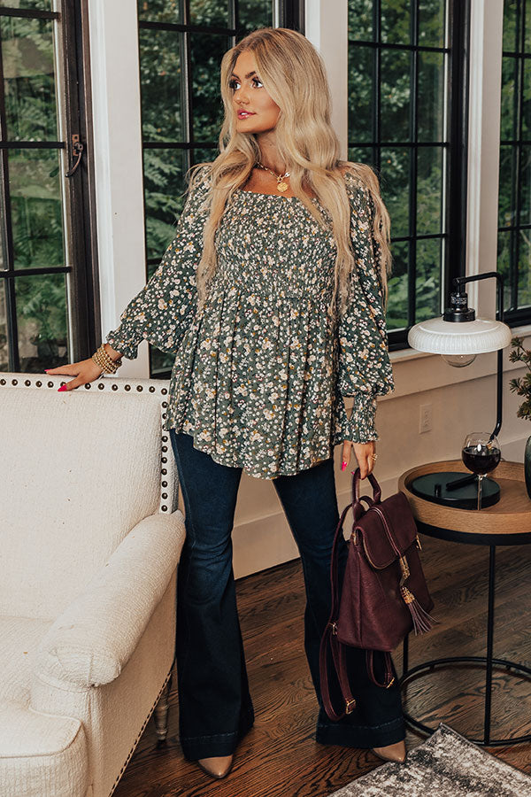 Sweet And Simple Floral Top In Light Hunter Green Image - 2