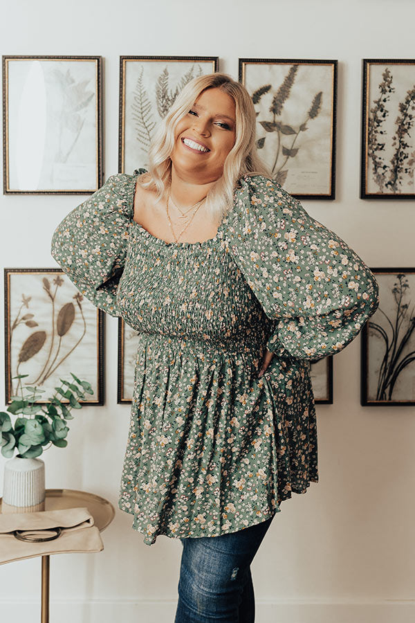 Sweet And Simple Floral Top In Light Hunter Green Curves Image - 2