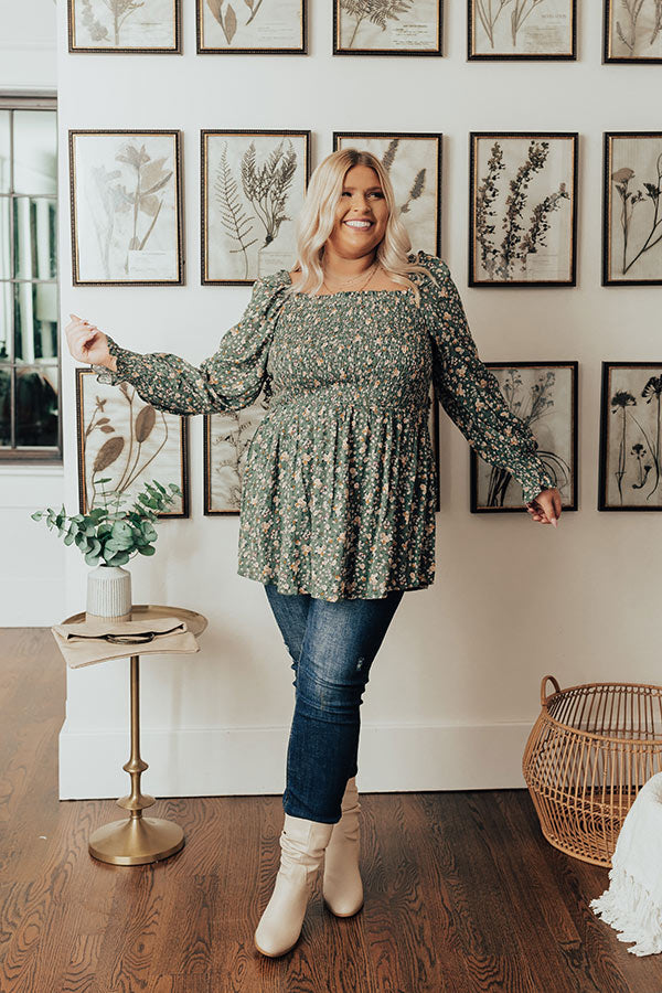 Sweet And Simple Floral Top In Light Hunter Green Curves Image - 1