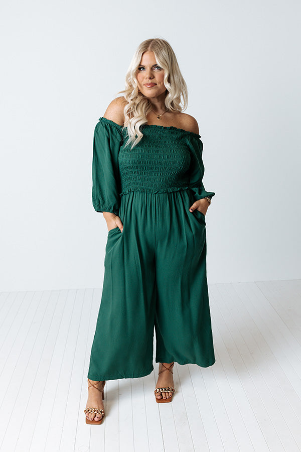 Moon Phase Smocked Jumpsuit In Hunter Green Curves Image - 2