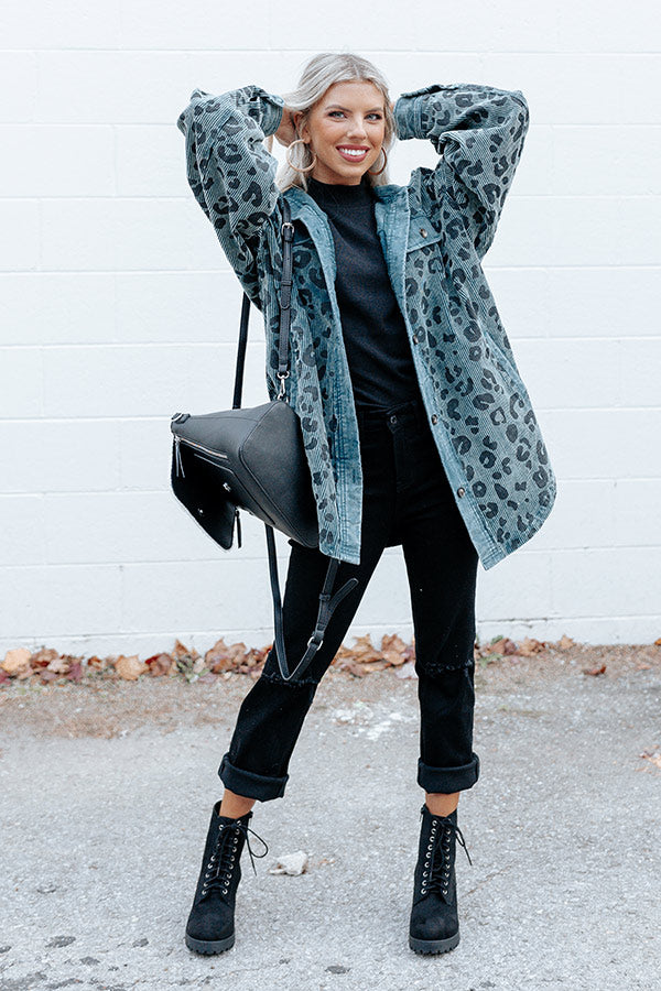 Good Outfit Day Corduroy Leopard Jacket in Teal Image - 2