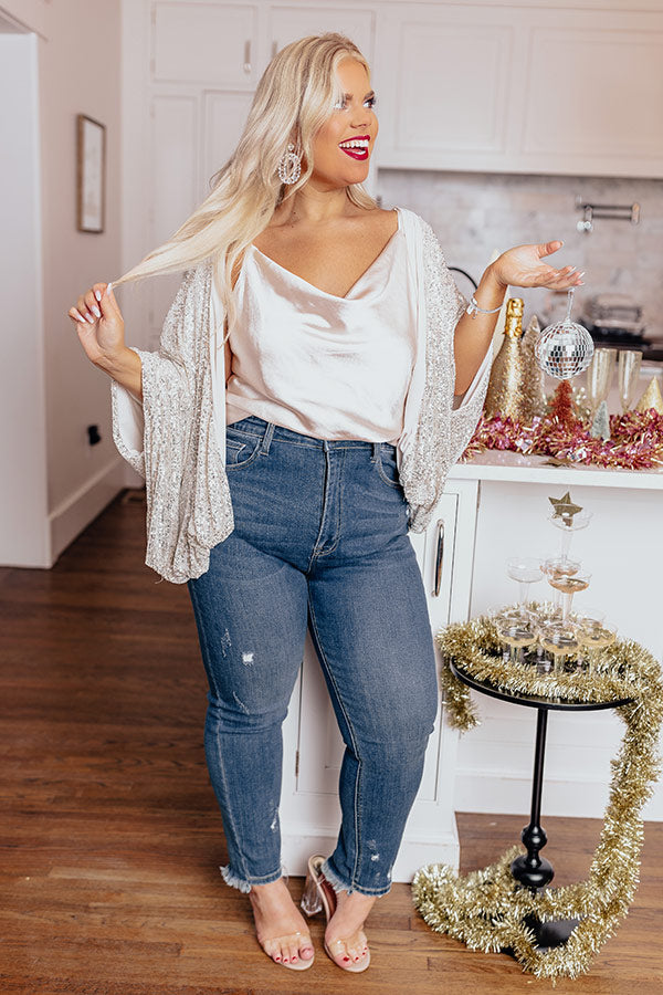 Ritzy Bliss Sequin Cardigan In Silver Curves Image - 2