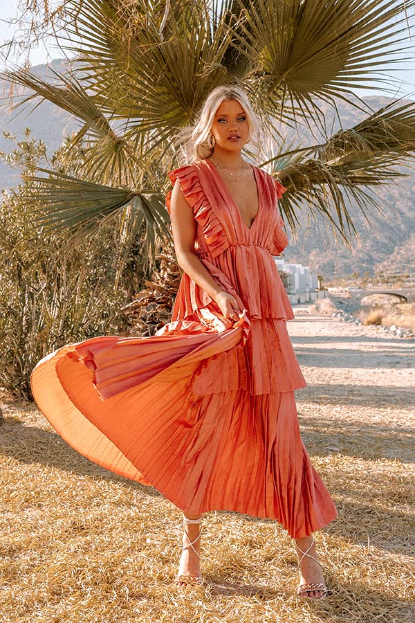 Seeking Champagne Pleated Maxi Dress In Coral